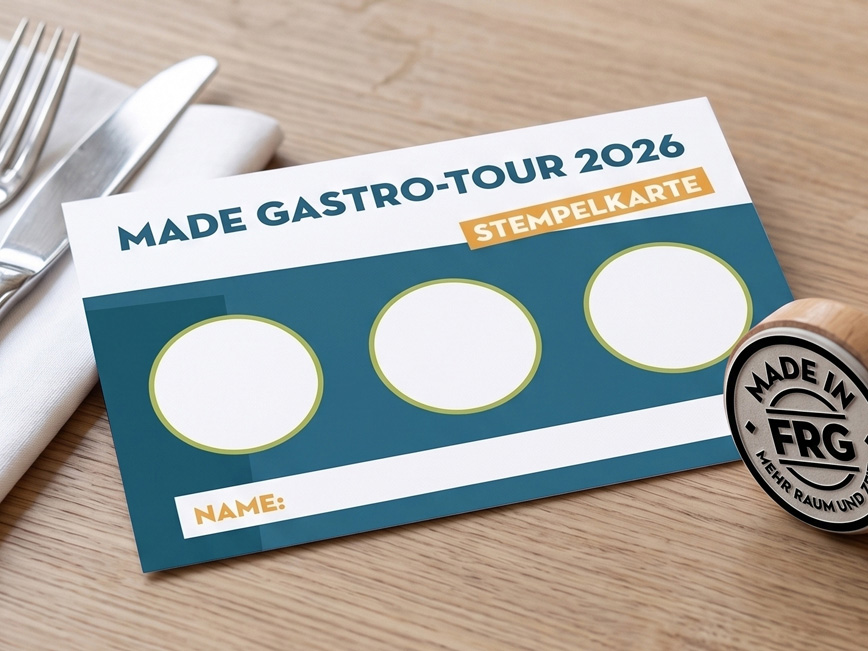 Eine Stempelkarte der MADE in FRG Gastro-Tour 2026 zeigt drei freie Felder für Besuche in teilnehmenden Gastronomiebetrieben.